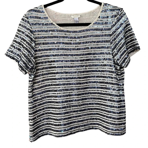 Chico's Women's Starlet Sequin Striped Holiday Top Size 12 Large (Chico's 2) - Picture 2 of 11